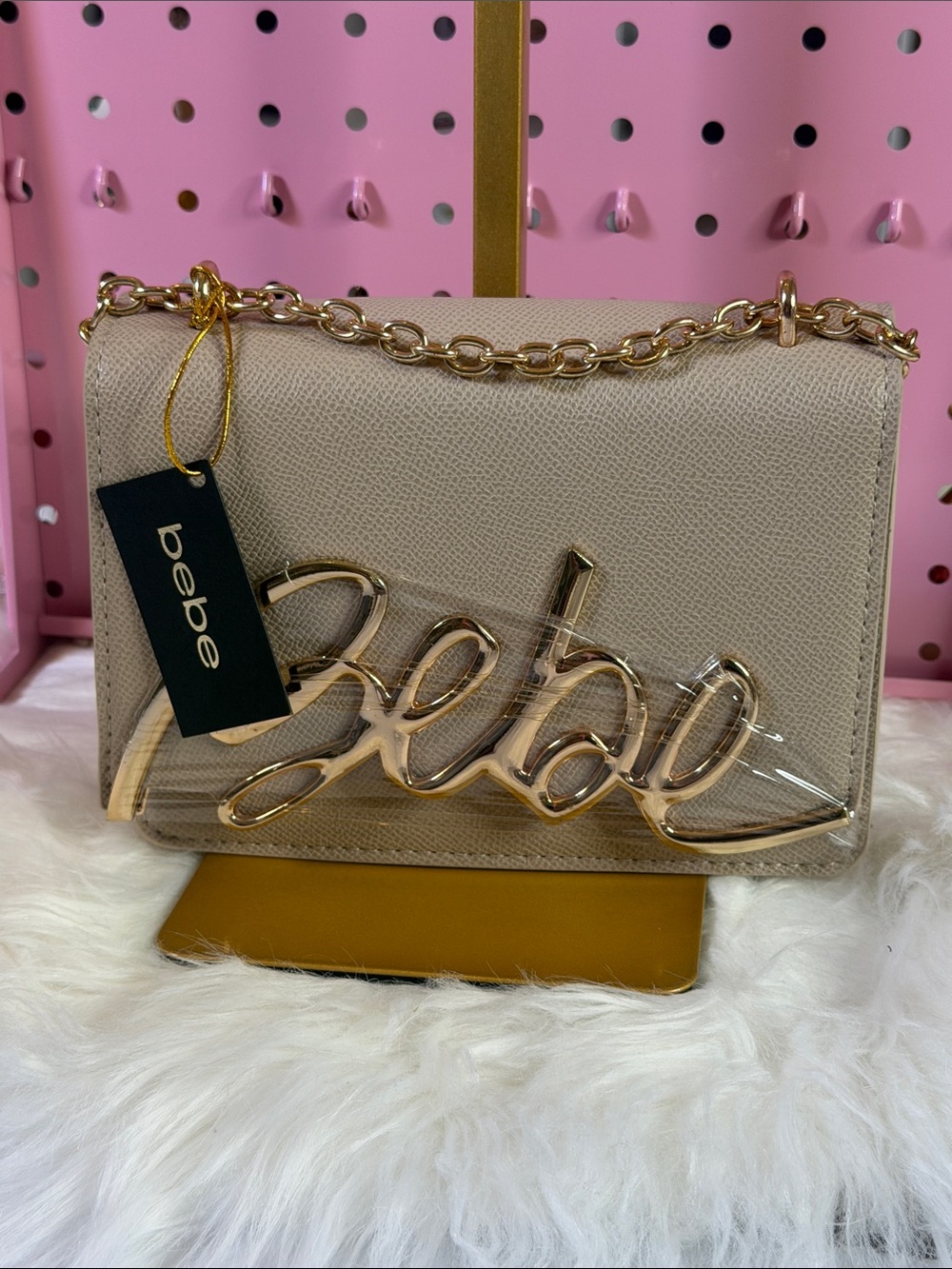 bebe Beige Crossbody Bag with Gold Script Logo and Chain